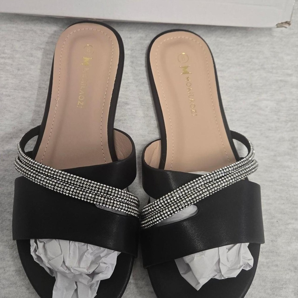 Moailaozi black rhinestone sandals